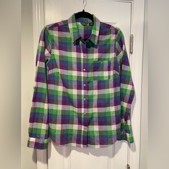 Eddie Bauer Size S Cotton Roll Tab Sleeve Button Down Shirt Green Purple Check - Picture 1 of 12
